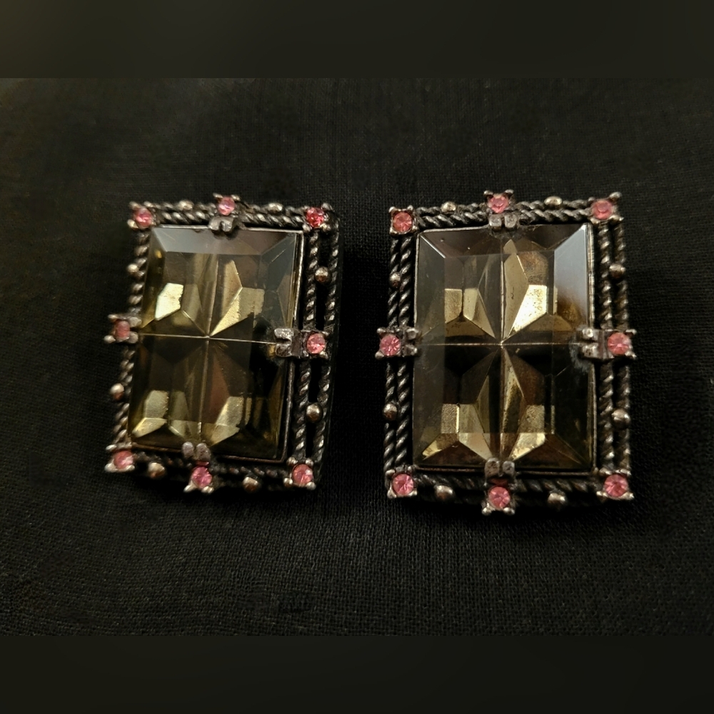 1950's Sarah Coventry Midnight Magic Smoky Grey & Pink Silver Earrings